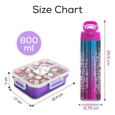 Eazy Kids 3 Compartment 800ml Stainless Steel bento Lunch Box w/ Steel Water Bottle - Floral Purple
