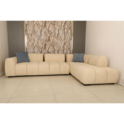 Modern L-Shape Sectional Sofa, Tufted Cushions, Beige Fabric with Grey Accent Pillows, Contemporary Living Room Lounge Sofa