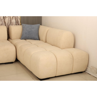 Modern L-Shape Sectional Sofa, Tufted Cushions, Beige Fabric with Grey Accent Pillows, Contemporary Living Room Lounge Sofa