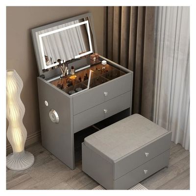 Dressing Table Smart Modern Compact Vanity Table With Mirror In 3 Modes LED Light And Folding Bench 4 Storage Drawers Bluetooth Speaker, USB Ports, 80x70x40 cm - Gray