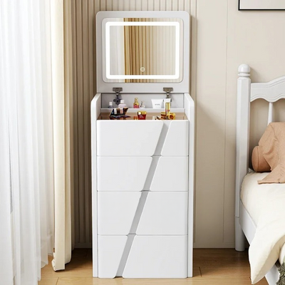  Modern Compact Vanity Table With Mirror In 3 Modes LED Light And Folding Bench 4 Storage Drawers, 80x60x40 cm - White