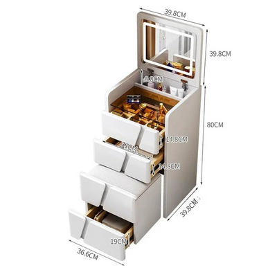  Modern Compact Vanity Table With Mirror In 3 Modes LED Light And Folding Bench 4 Storage Drawers, 80x60x40 cm - White