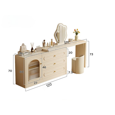 Modern Dressing Table with Mirror, Storage Drawers, Cabinet and Stool - Off White