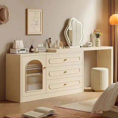 Modern Dressing Table with Mirror, Storage Drawers, Cabinet and Stool - Off White