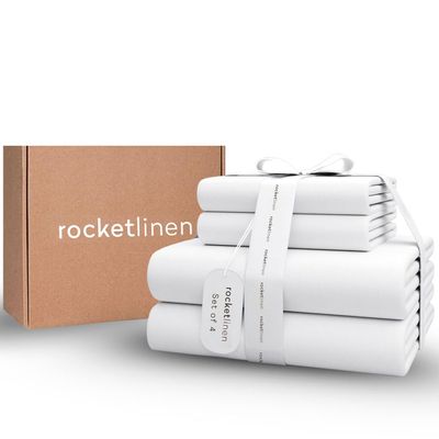 RocketLinen Hotel Style 4-Pc California King Size Bed Sheet Set (1 Flat Sheet+1 Fitted Sheet+2 Pillowcase), 400 Thread Count Sateen Weave, 100% Cotton Sheets, 40cm/16" Deep Pocket Bedsheet Set - White