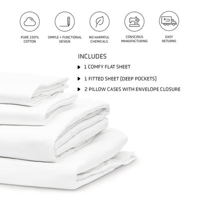 RocketLinen Hotel Style 4-Pc King Size Bed Sheet Set (1 Flat Sheet+1 Fitted Sheet+2 Pillowcase), 400 Thread Count Sateen Weave, 100% Cotton Sheets, 40cm/16" Deep Pocket Bedsheet Set - White