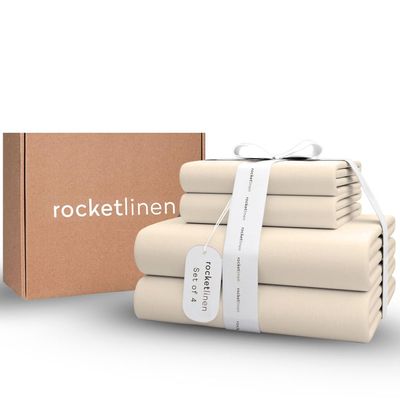 RocketLinen Hotel Style 4-Pc Queen Size Bed Sheet Set (1 Flat Sheet+1 Fitted Sheet+2 Pillowcase), 400 Thread Count Sateen Weave, 100% Cotton Sheets, 40cm/16" Deep Pocket Bedsheet Set - Beige