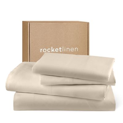 RocketLinen 400 Thread Count Single Bed or Kids Bed 3 Piece Sheet Set Flat Sheet, Fitted Sheet & 1 Pillowcase 100% Long Staple Cotton Sateen Weave Beige Light All Weather Hotel Style (Twin/Single)