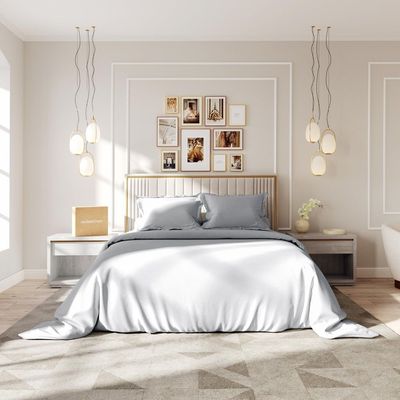 RocketLinen Light Grey Duvet Cover with 2 Pillow Shams – 400 Thread Count, Button Closure, Corner Ties, Pure Cotton, Sateen Weave – Duvet Cover/Quilt Cover Bedding Set (King)