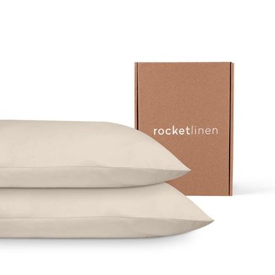 Rocketlinen 400 Threadcount Pillow Cases 100% Cotton Set of Two Sateen Weave Hotel Style (King Pillowcases 50x92cm) - Beige