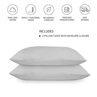 Rocketlinen 400 Threadcount Pillow Cases 100% Cotton Set of Two Sateen Weave Hotel Style (King Pillowcases 50x92cm) - Light Grey