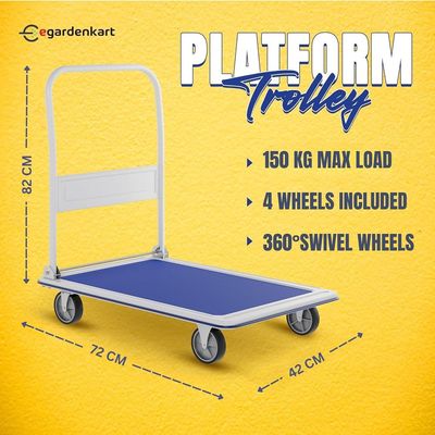 Platform Trolley Cart - 150 Kg, Heavy Duty Trolley with Anti Slip Metal Platform | Trolly with Foldable Handle | 360° Swivel Wheels Trolly Cart for Loading and Moving