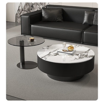 Modern Round Coffee Table Set – Black Marble Finish with Side Table