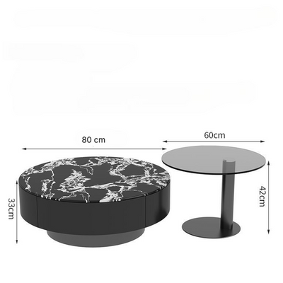 Modern Round Coffee Table Set – Black Marble Finish with Side Table