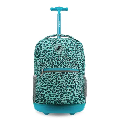 J World New York Sunrise Kids Rolling Backpack - Mint Leopard