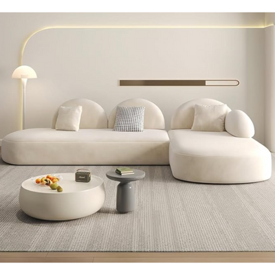 Modern L-Shaped Sectional Sofa, Curved Design with Decorative Pillows, Cream White