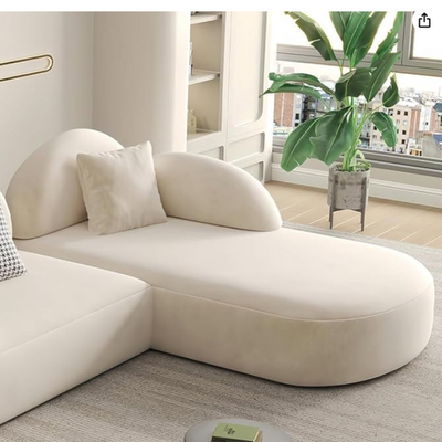 Modern L-Shaped Sectional Sofa, Curved Design with Decorative Pillows, Cream White