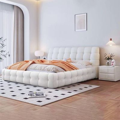 Maple Home Upholstered Bed Frame with Plush Fleece Fabric Wrap, Bubble-Shaped Soft Design, Wood Platform Bed, Free Assembly（White King Size 180*200）