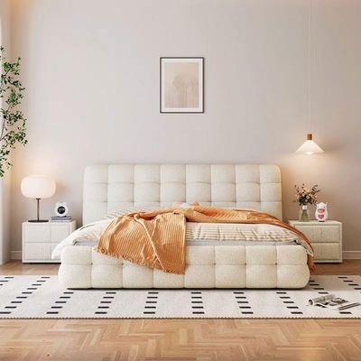 Maple Home Upholstered Bed Frame with Plush Fleece Fabric Wrap, Bubble-Shaped Soft Design, Wood Platform Bed, Free Assembly（Beige Super King Size 200*200）