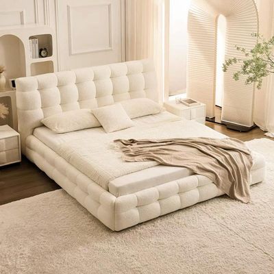 Maple Home Upholstered Bed Frame with Plush Fleece Fabric Wrap, Bubble-Shaped Soft Design, Wood Platform Bed, Free Assembly（Beige Super King Size 200*200）