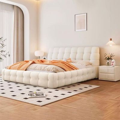 Maple Home Upholstered Bed Frame with Plush Fleece Fabric Wrap, Bubble-Shaped Soft Design, Wood Platform Bed, Free Assembly（Beige Super King Size 200*200）