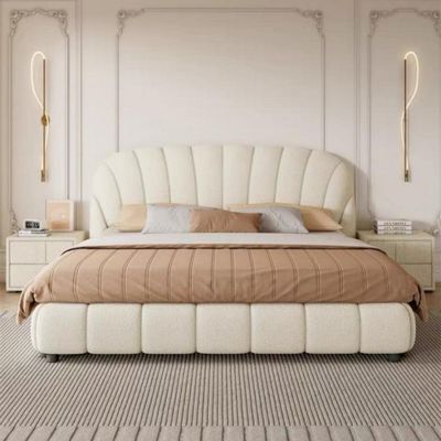 Maple Home Velvet Upholstered Bed Frame, Elegant Fan-Shape Headboard, Modern Platform Bed, Premium Wood Structure, Noise-Free, 3 Sizes, Home Furniture Bed, Free Assembly（Queen Size 160*200）