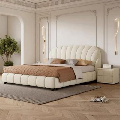 Maple Home Velvet Upholstered Bed Frame, Elegant Fan-Shape Headboard, Modern Platform Bed, Premium Wood Structure, Noise-Free, 3 Sizes, Home Furniture Bed, Free Assembly（King Size 180*200）