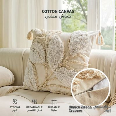 Boho Handcrafted Throw Pillow 45x45cm Geometric Embroidery Cushion with Leaves Design