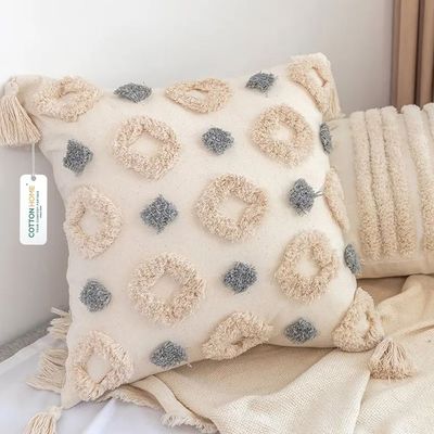 Boho Handcrafted Throw Pillow 45x45cm Geometric Embroidery Cushion with Ripple Design
