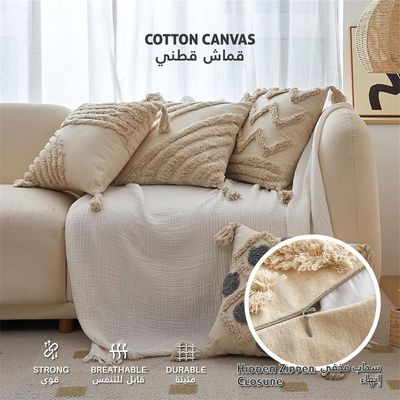 Boho Handcrafted Throw Pillow 45x45cm Geometric Embroidery Cushion with Wave Design
