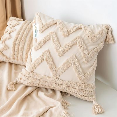 Boho Handcrafted Throw Pillow 45x45cm Geometric Embroidery Cushion with Wave Design
