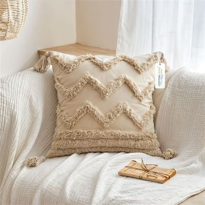 Boho Handcrafted Throw Pillow 45x45cm Geometric Embroidery Cushion with Wave Design