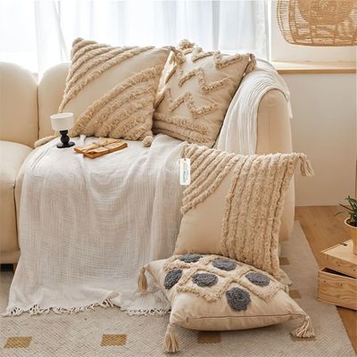 Boho Handcrafted Throw Pillow 45x45cm Geometric Embroidery Cushion with Wave Design