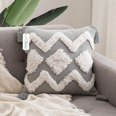 Boho Handcrafted Throw Pillow 45x45cm Geometric Embroidery Cushion with Arc Design