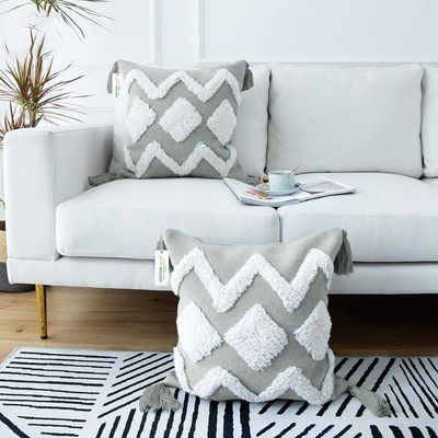 Boho Handcrafted Throw Pillow 45x45cm Geometric Embroidery Cushion with Arc Design