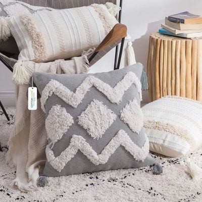 Boho Handcrafted Throw Pillow 45x45cm Geometric Embroidery Cushion with Arc Design