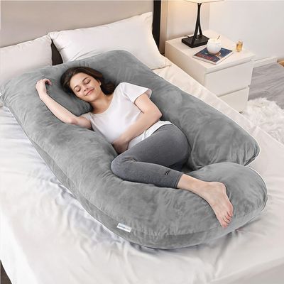 Velvet Pregnancy Pillow G-Shape Full Body Pillow 70x140cm  With Removable Cover, Grey 