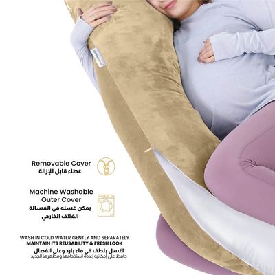 Velvet Pregnancy Pillow G-Shape Full Body Pillow 70x140cm  With Removable Cover, Beige