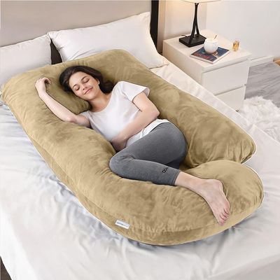 Velvet Pregnancy Pillow G-Shape Full Body Pillow 70x140cm  With Removable Cover, Beige