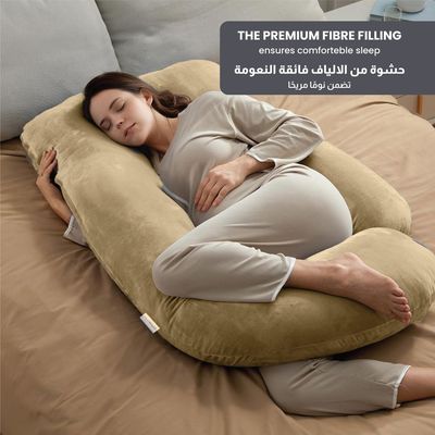 Velvet Pregnancy Pillow G-Shape Full Body Pillow 70x140cm  With Removable Cover, Beige