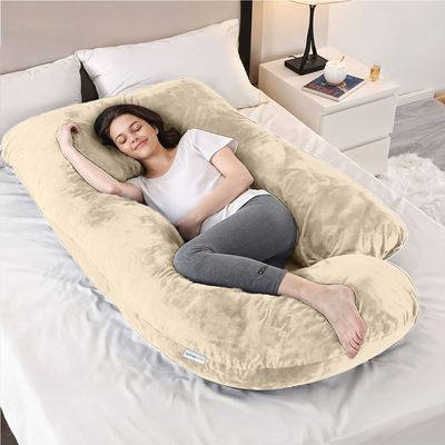 Velvet Pregnancy Pillow G-Shape Full Body Pillow 70x140cm  With Removable Cover, Ivory 