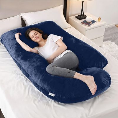 Velvet Pregnancy Pillow G-Shape Full Body Pillow 70x140cm  With Removable Cover, Navy Blue
