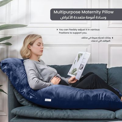 Velvet Pregnancy Pillow G-Shape Full Body Pillow 70x140cm  With Removable Cover, Navy Blue
