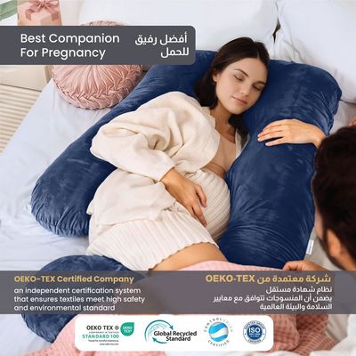 Velvet Pregnancy Pillow G-Shape Full Body Pillow 70x140cm  With Removable Cover, Navy Blue