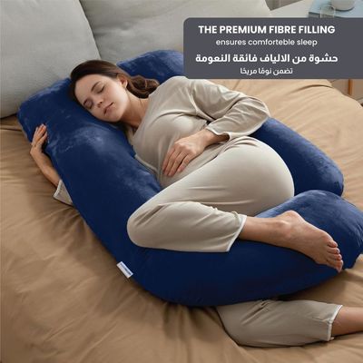 Velvet Pregnancy Pillow G-Shape Full Body Pillow 70x140cm  With Removable Cover, Navy Blue