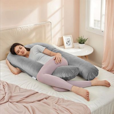 Velvet Pregnancy Pillow U-Shape Full Body Pillow 70x140cm  With Removable Cover, Grey 