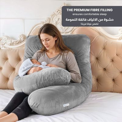 Velvet Pregnancy Pillow U-Shape Full Body Pillow 70x140cm  With Removable Cover, Grey 