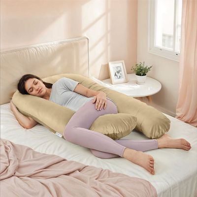 Velvet Pregnancy Pillow U-Shape Full Body Pillow 70x140cm  With Removable Cover, Beige