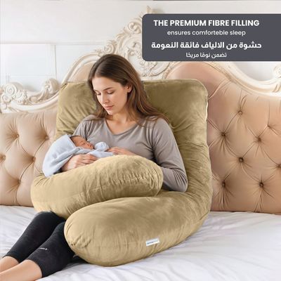 Velvet Pregnancy Pillow U-Shape Full Body Pillow 70x140cm  With Removable Cover, Beige