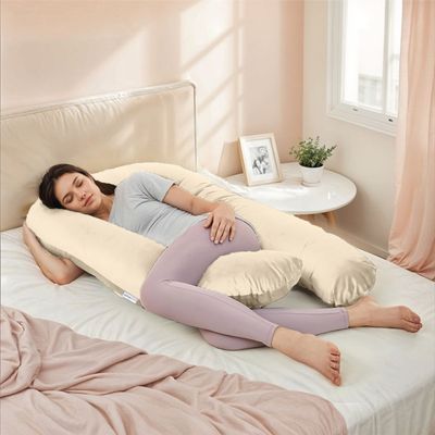 Velvet Pregnancy Pillow U-Shape Full Body Pillow 70x140cm  With Removable Cover, Ivory 